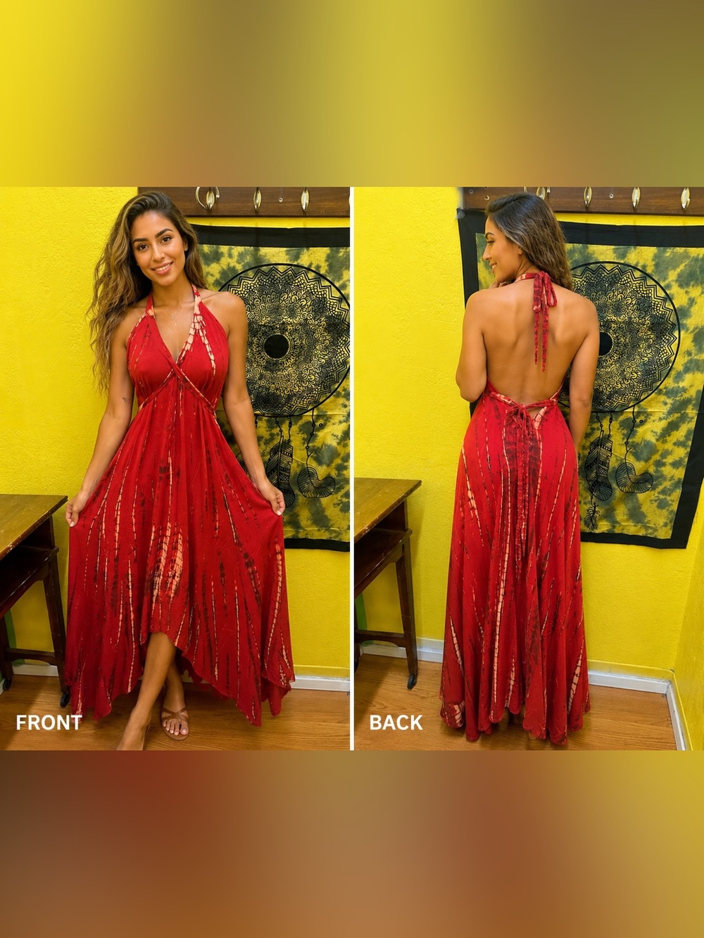 Red Tie-Dye Backless Halter Maxi Dress - Women new dresses one size